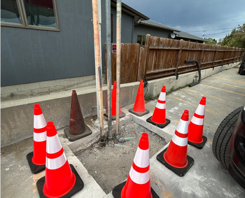 Vent Line Repair Progress : Safety cones surrounding vent pipes